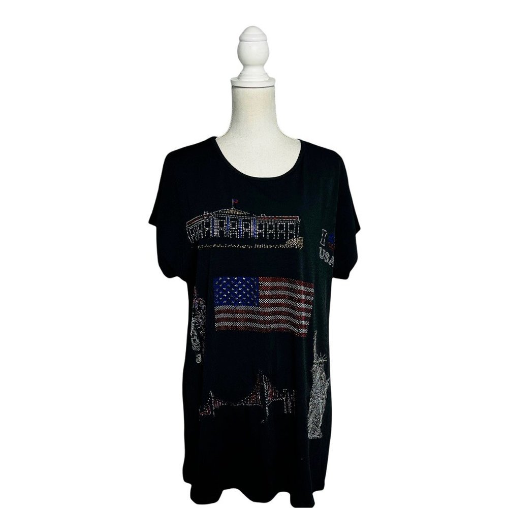 Ameri Mode Womens T-Shirt Black Red Patriotic Rhinestone Scoop Neck S/M New